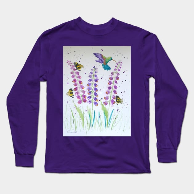 Hummingbird, bumble bee and foxglove Long Sleeve T-Shirt by Casimirasquirkyart